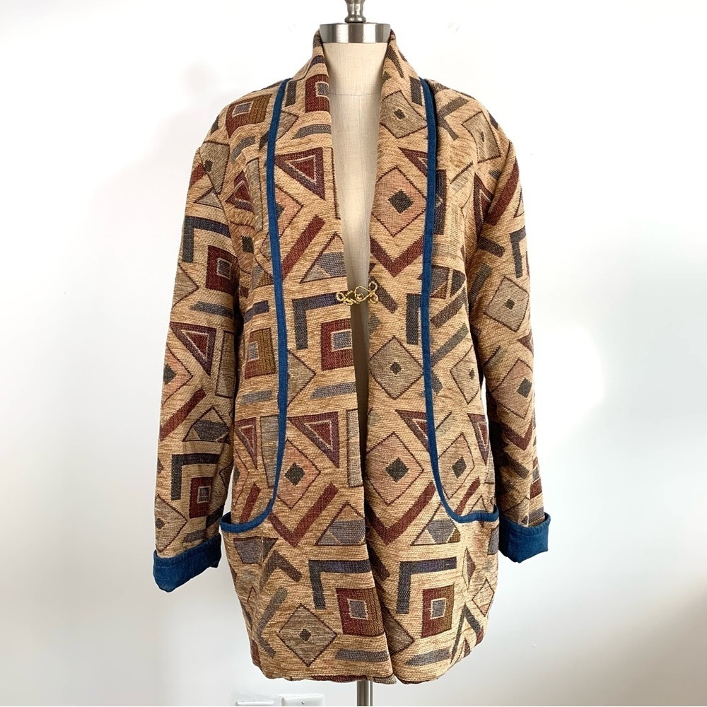 VINTAGE 90s Geometric Tapestry Heavy Overcoat Cardigan Size Medium
